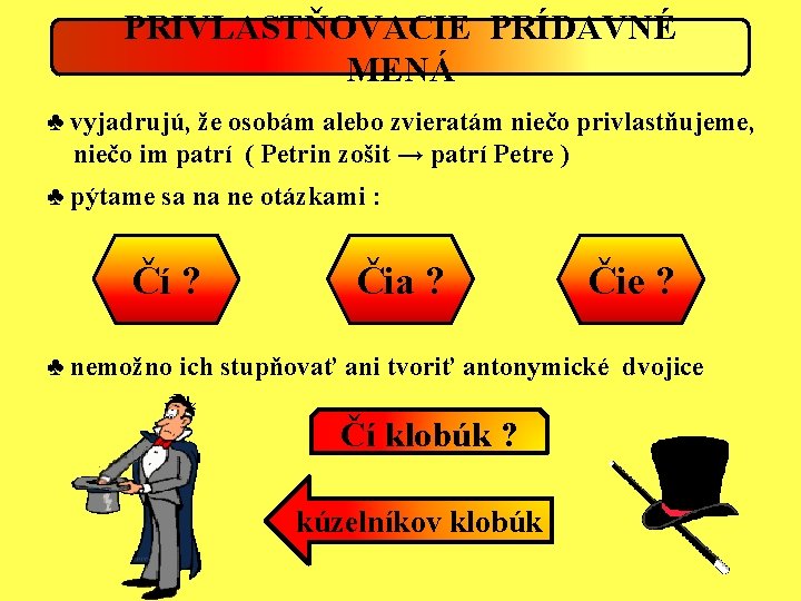 PRIVLASTŇOVACIE PRÍDAVNÉ MENÁ ♣ vyjadrujú, že osobám alebo zvieratám niečo privlastňujeme, niečo im patrí