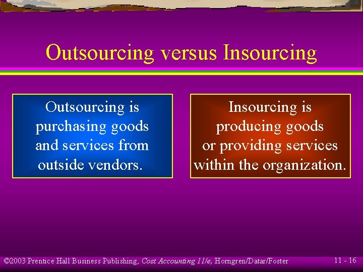 Outsourcing versus Insourcing Outsourcing is purchasing goods and services from outside vendors. Insourcing is