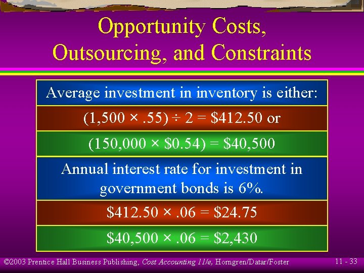 Opportunity Costs, Outsourcing, and Constraints Average investment in inventory is either: (1, 500 ×.