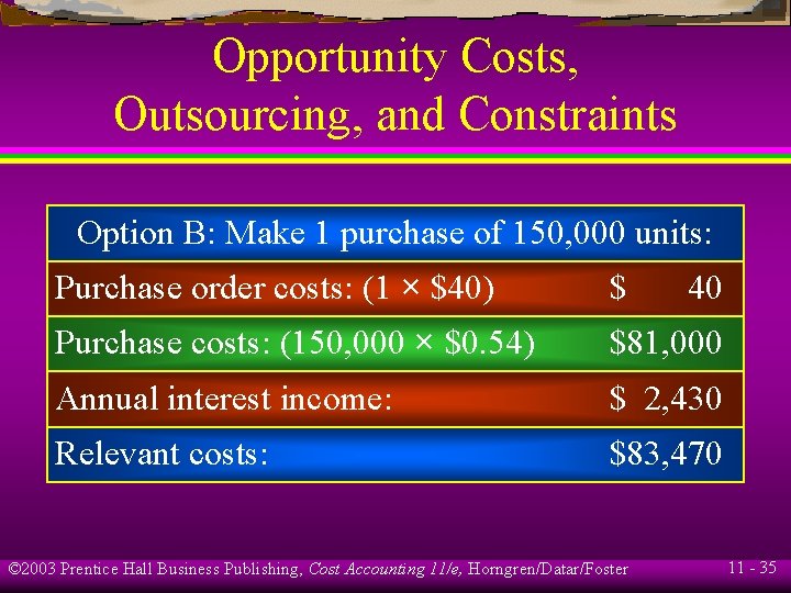 Opportunity Costs, Outsourcing, and Constraints Option B: Make 1 purchase of 150, 000 units: