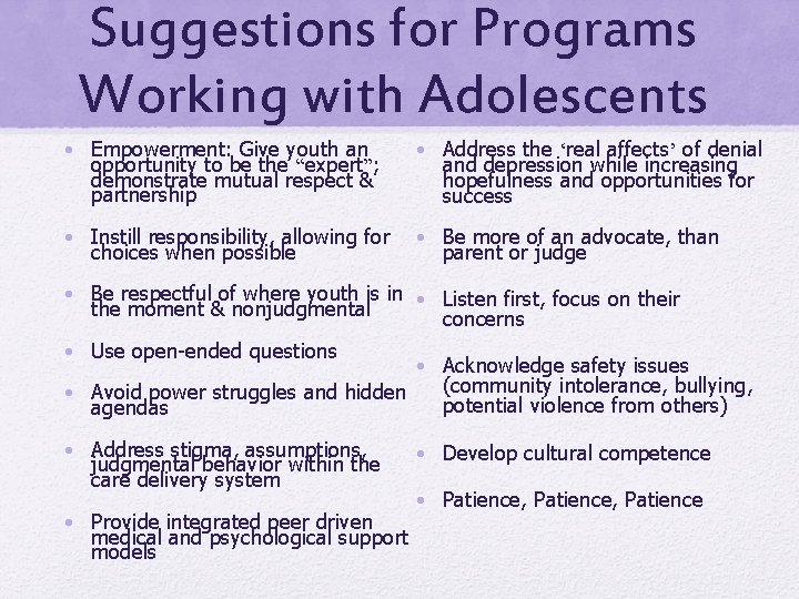 Suggestions for Programs Working with Adolescents • Empowerment: Give youth an opportunity to be