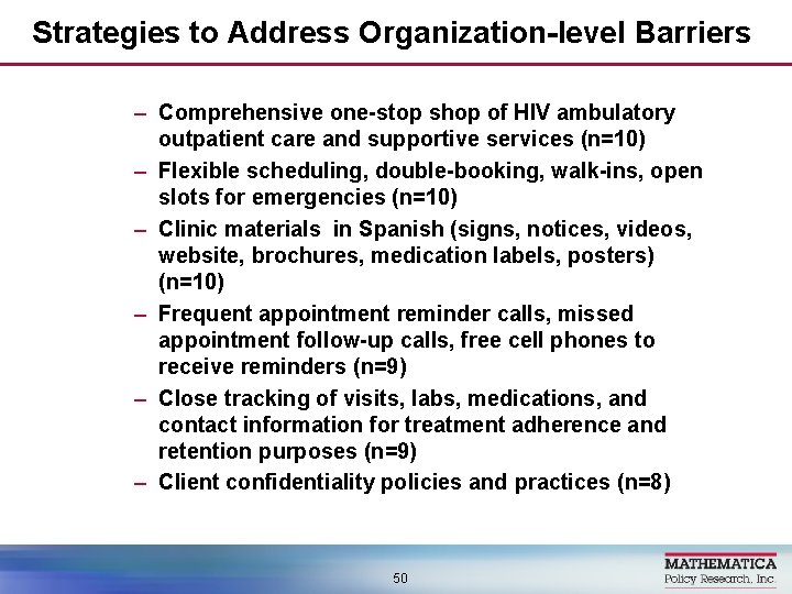 Strategies to Address Organization-level Barriers – Comprehensive one-stop shop of HIV ambulatory outpatient care