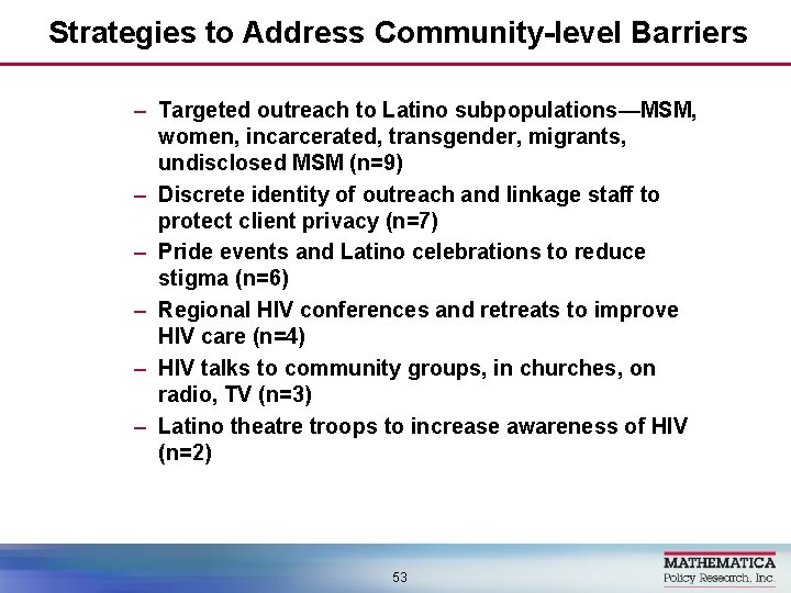 Strategies to Address Community-level Barriers – Targeted outreach to Latino subpopulations—MSM, women, incarcerated, transgender,