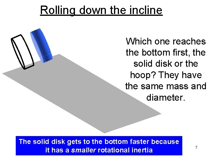 Rolling down the incline Which one reaches the bottom first, the solid disk or