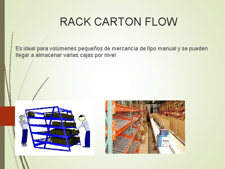 RACK CARTON FLOW Es ideal para volúmenes pequeños de mercancía de tipo manual y