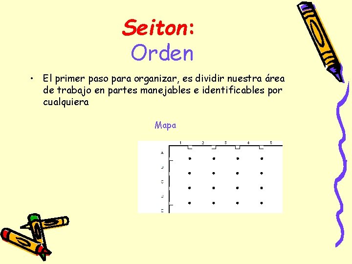 Seiton: Orden • El primer paso para organizar, es dividir nuestra área de trabajo