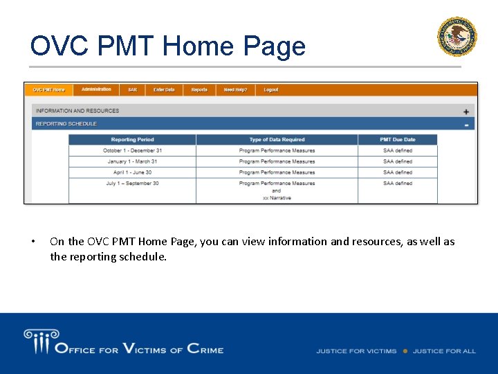 OVC PMT Home Page • On the OVC PMT Home Page, you can view