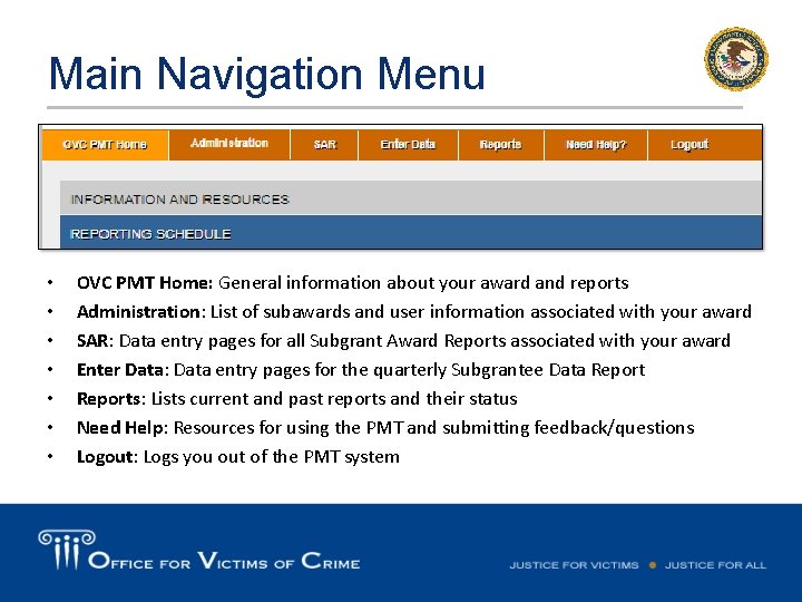 Main Navigation Menu • • OVC PMT Home: General information about your award and
