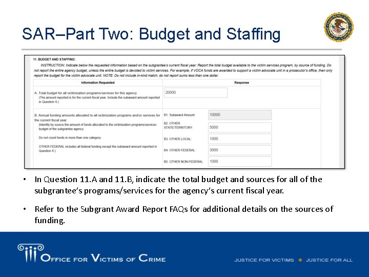 SAR–Part Two: Budget and Staffing • In Question 11. A and 11. B, indicate