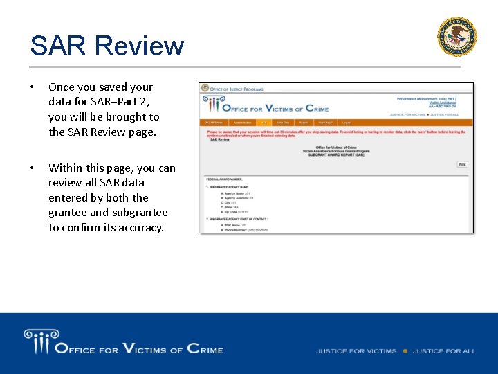 SAR Review • Once you saved your data for SAR–Part 2, you will be