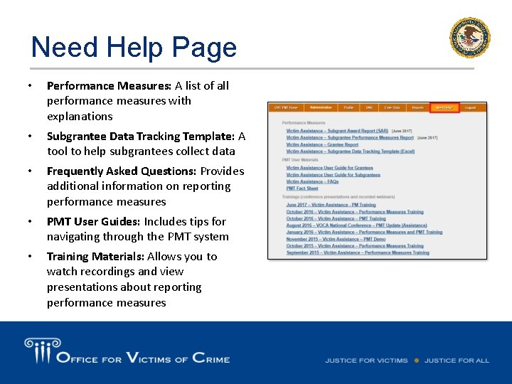 Need Help Page • Performance Measures: A list of all performance measures with explanations