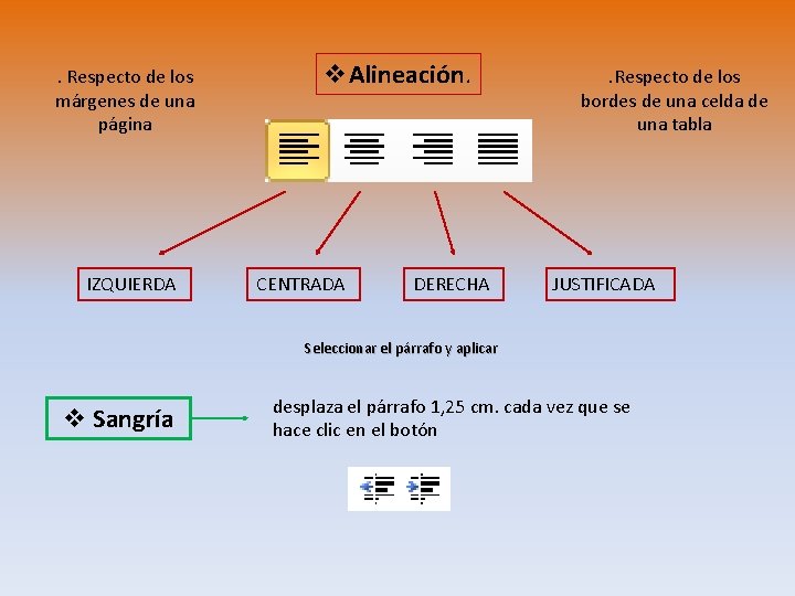 . Respecto de los márgenes de una página v. Alineación. . Respecto de los