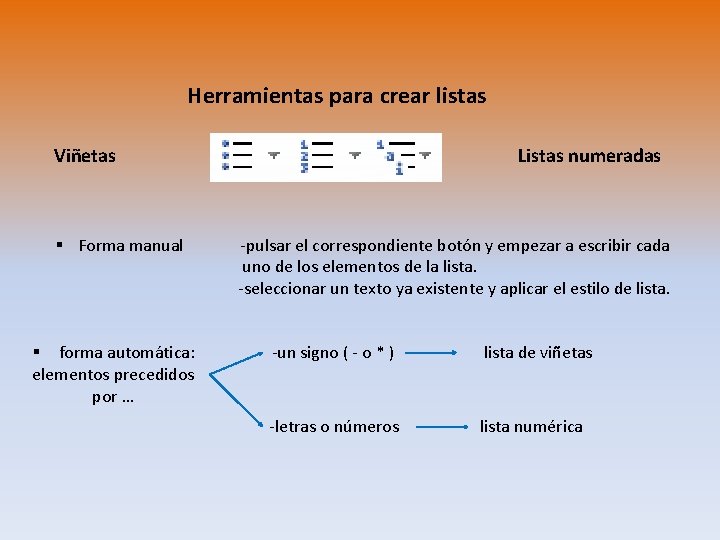 Herramientas para crear listas Viñetas Listas numeradas § Forma manual -pulsar el correspondiente botón