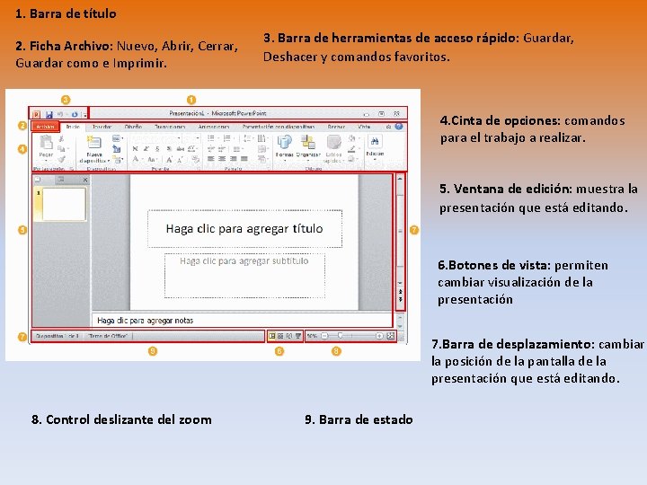 1. Barra de título 2. Ficha Archivo: Nuevo, Abrir, Cerrar, Guardar como e Imprimir.