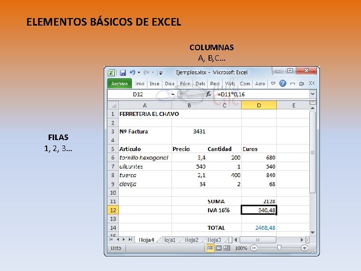 ELEMENTOS BÁSICOS DE EXCEL COLUMNAS A, B, C… FILAS 1, 2, 3… 