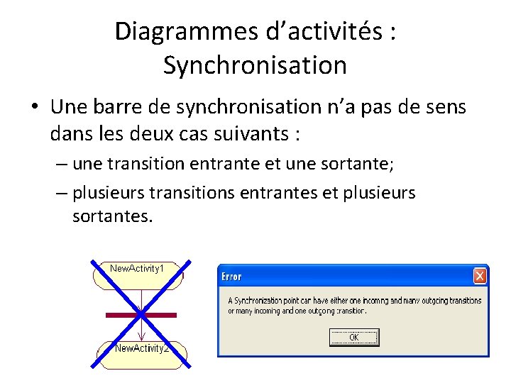 Diagrammes d’activités : Synchronisation • Une barre de synchronisation n’a pas de sens dans