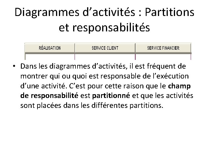 Diagrammes d’activités : Partitions et responsabilités • Dans les diagrammes d’activités, il est fréquent