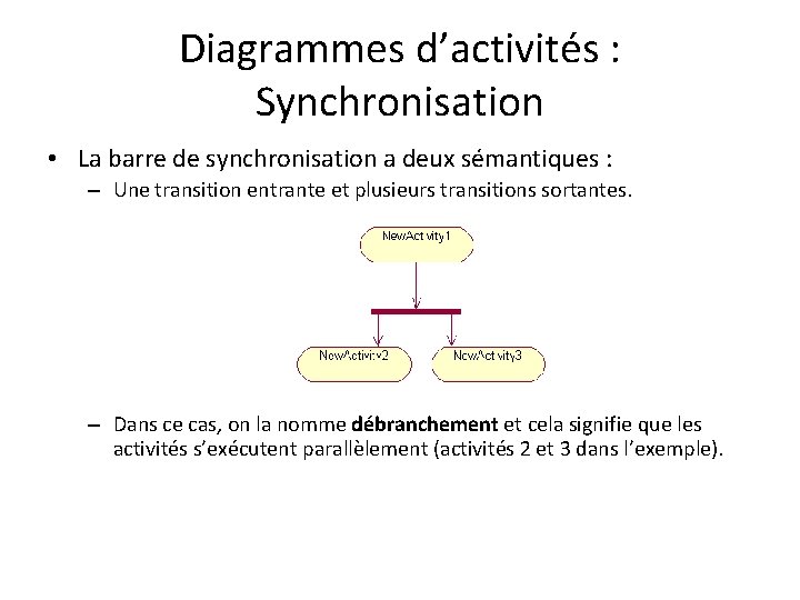 Diagrammes d’activités : Synchronisation • La barre de synchronisation a deux sémantiques : –