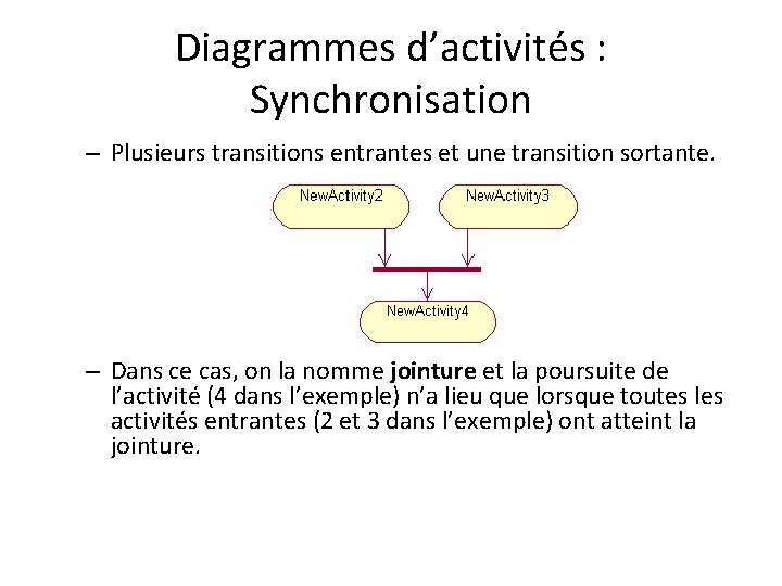 Diagrammes d’activités : Synchronisation – Plusieurs transitions entrantes et une transition sortante. – Dans
