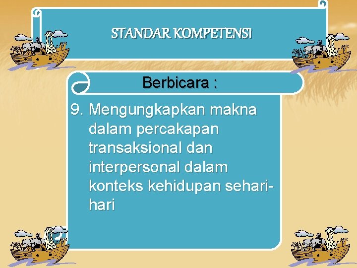 STANDAR KOMPETENSI Berbicara : 9. Mengungkapkan makna dalam percakapan transaksional dan interpersonal dalam konteks STANDAR KOMPETENSI Berbicara : 9. Mengungkapkan makna dalam percakapan transaksional dan interpersonal dalam konteks