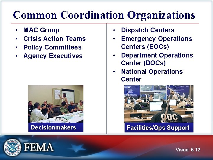 Common Coordination Organizations • • MAC Group Crisis Action Teams Policy Committees Agency Executives