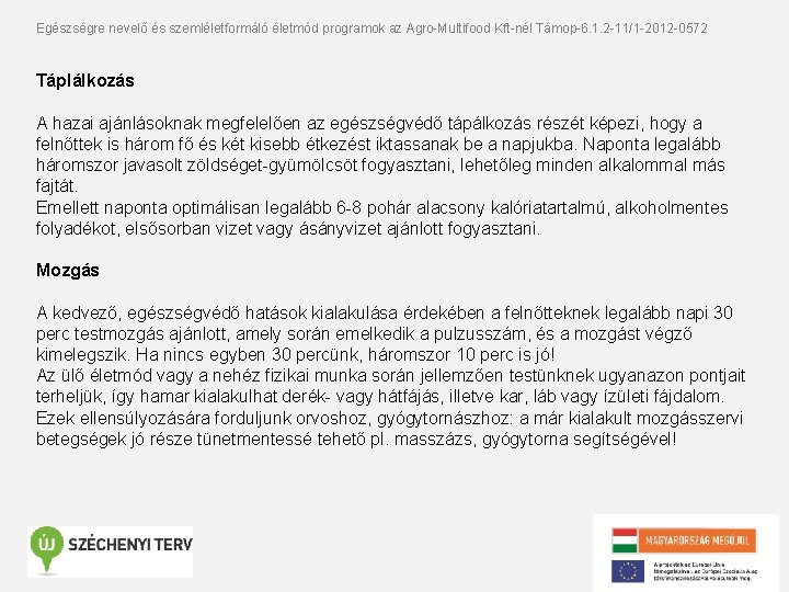 Egészségre nevelő és szemléletformáló életmód programok az Agro-Multifood Kft-nél Támop-6. 1. 2 -11/1 -2012