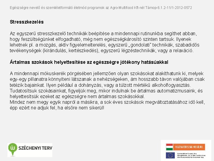Egészségre nevelő és szemléletformáló életmód programok az Agro-Multifood Kft-nél Támop-6. 1. 2 -11/1 -2012