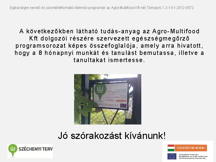 Egészségre nevelő és szemléletformáló életmód programok az Agro-Multifood Kft-nél Támop-6. 1. 2 -11/1 -2012