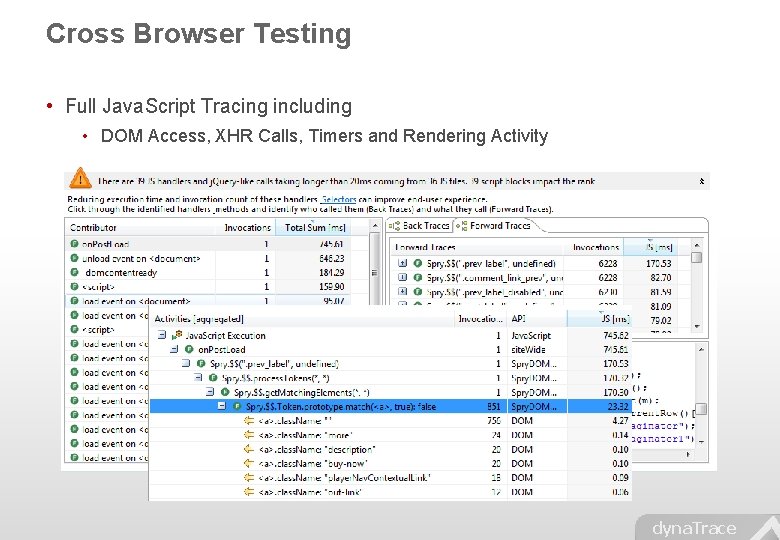 Cross Browser Testing • Full Java. Script Tracing including • DOM Access, XHR Calls,