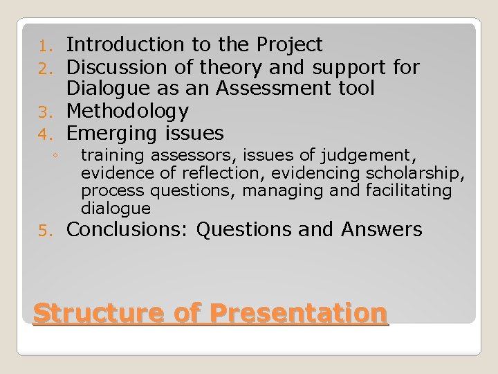 Introduction to the Project Discussion of theory and support for Dialogue as an Assessment Introduction to the Project Discussion of theory and support for Dialogue as an Assessment