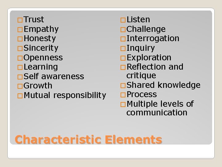 �Trust �Empathy �Honesty �Sincerity �Openness �Learning �Self awareness �Growth �Mutual responsibility �Listen �Challenge �Interrogation �Trust �Empathy �Honesty �Sincerity �Openness �Learning �Self awareness �Growth �Mutual responsibility �Listen �Challenge �Interrogation