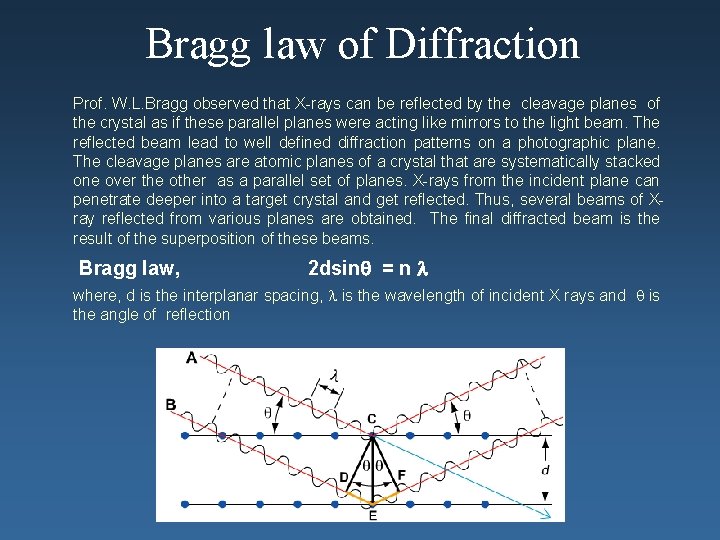 Bragg law of Diffraction Prof. W. L. Bragg observed that X-rays can be reflected