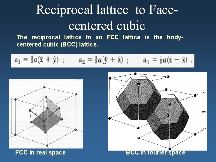 Reciprocal lattice to Facecentered cubic The reciprocal lattice to an FCC lattice is the