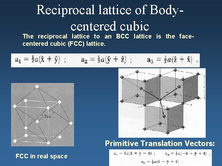 Reciprocal lattice of Bodycentered cubic The reciprocal lattice to an BCC lattice is the