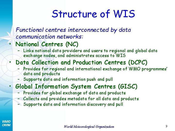 Structure of WIS Functional centres interconnected by data communication networks: • National Centres (NC)