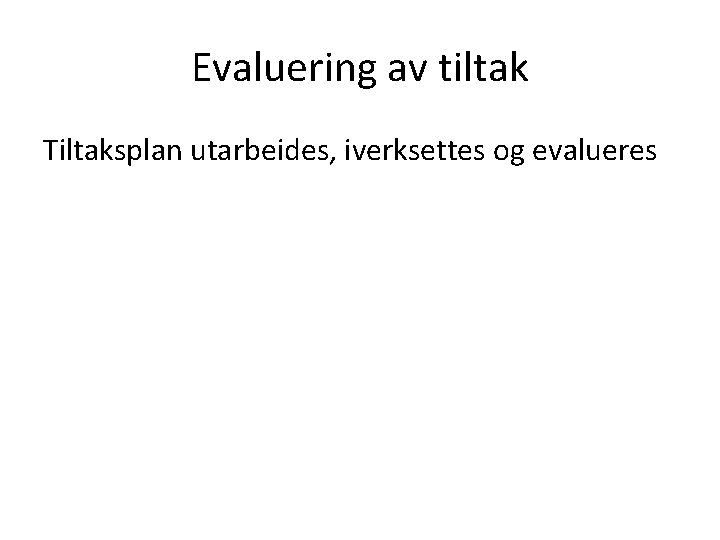 Evaluering av tiltak Tiltaksplan utarbeides, iverksettes og evalueres 