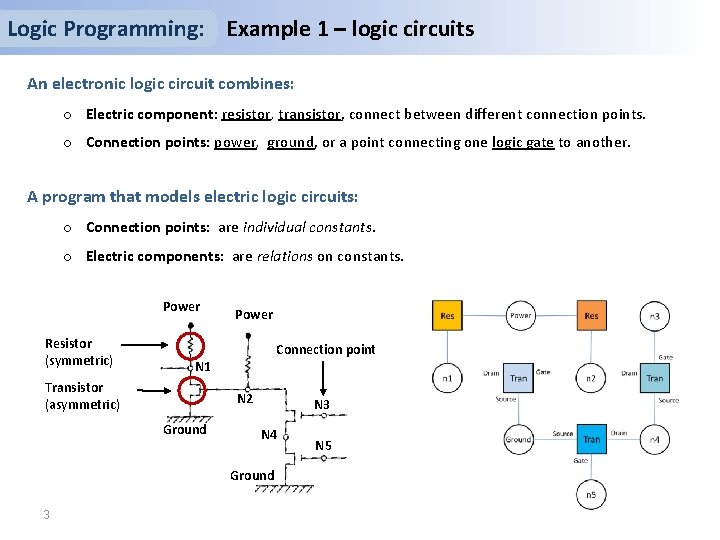 Logic Programming: Example 1 – logic circuits An electronic logic circuit combines: o Electric