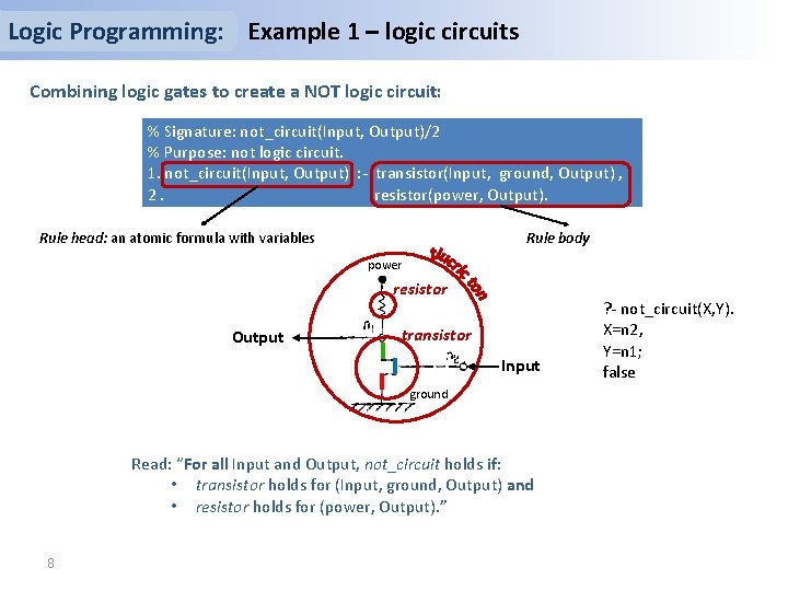 Logic Programming: Example 1 – logic circuits Combining logic gates to create a NOT