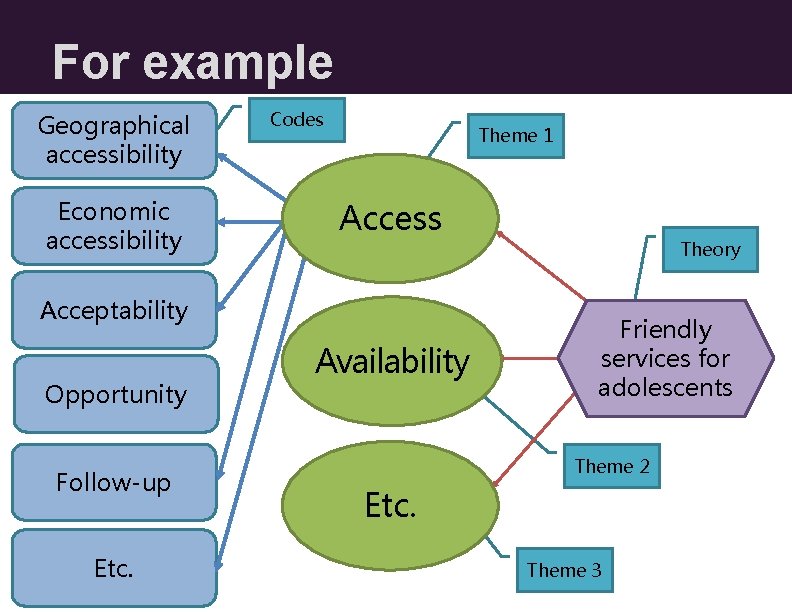 For example Geographical accessibility Economic accessibility Codes Theme 1 Access Acceptability Opportunity Follow-up Etc.