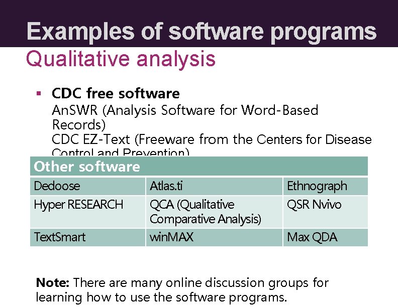 Examples of software programs Qualitative analysis § CDC free software An. SWR (Analysis Software