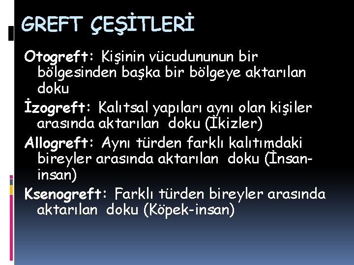 GREFT ÇEŞİTLERİ Otogreft: Kişinin vücudununun bir bölgesinden başka bir bölgeye aktarılan doku İzogreft: Kalıtsal GREFT ÇEŞİTLERİ Otogreft: Kişinin vücudununun bir bölgesinden başka bir bölgeye aktarılan doku İzogreft: Kalıtsal