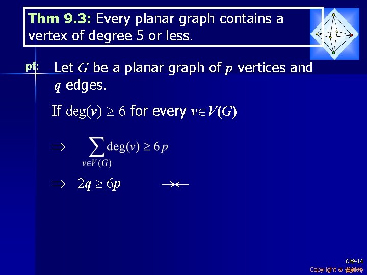 Thm 9. 3: Every planar graph contains a vertex of degree 5 or less.