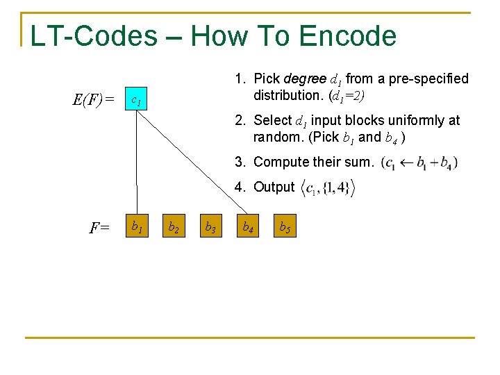 LT-Codes – How To Encode E(F)= 1. Pick degree d 1 from a pre-specified LT-Codes – How To Encode E(F)= 1. Pick degree d 1 from a pre-specified