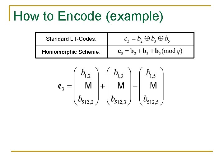 How to Encode (example) Standard LT-Codes: Homomorphic Scheme: How to Encode (example) Standard LT-Codes: Homomorphic Scheme: