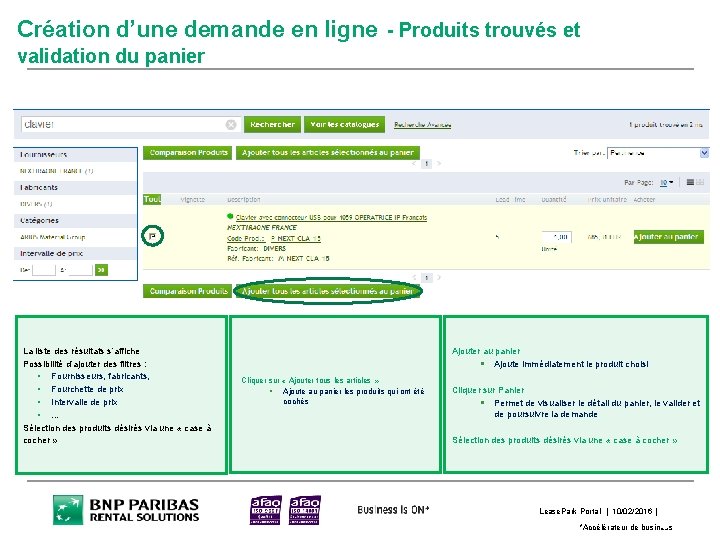 Création d’une demande en ligne - Produits trouvés et validation du panier La liste