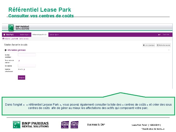 Référentiel Lease Park Consulter vos centres de coûts Dans l’onglet « « référentiel Lesase