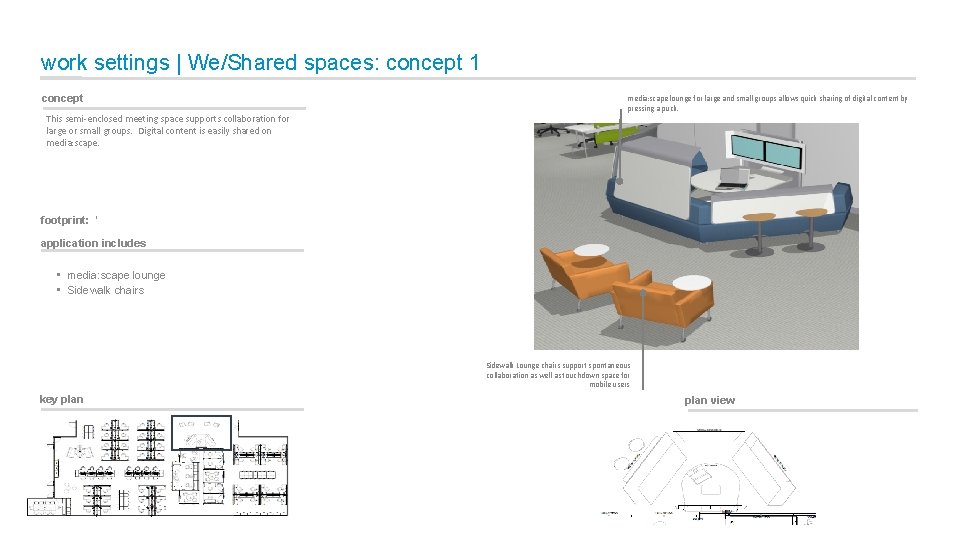 work settings | We/Shared spaces: concept 1 concept This semi-enclosed meeting space supports collaboration