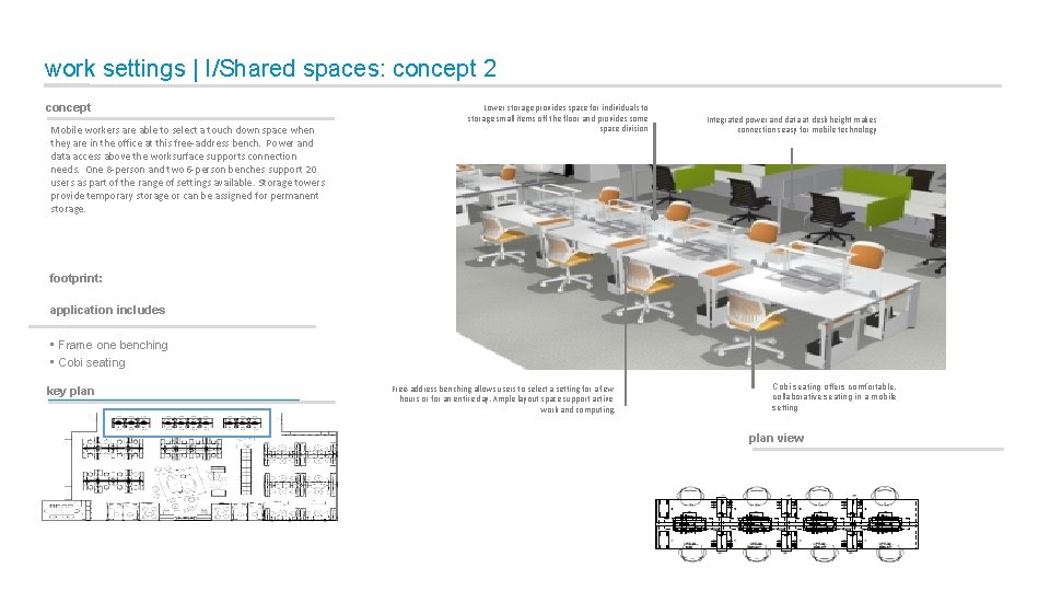 work settings | I/Shared spaces: concept 2 concept Mobile workers are able to select