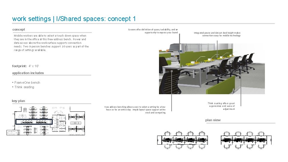 work settings | I/Shared spaces: concept 1 concept Mobile workers are able to select