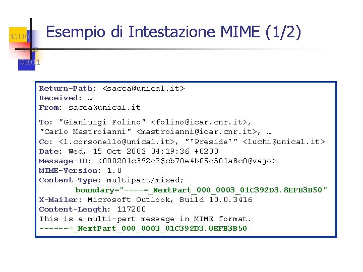 Esempio di Intestazione MIME (1/2) 101100 01011 Return-Path: <sacca@unical. it> Received: … From: sacca@unical.
